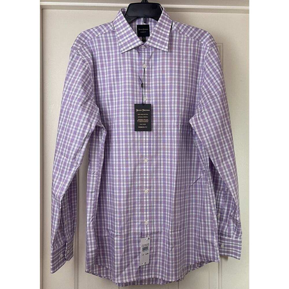 Hickey Freeman Mens Dress Shirt 16 34/35 Purple Plaid Modern Fit Stretch Pima
